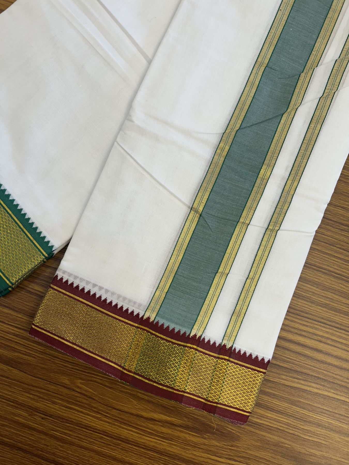 Panchakacham Dhoti - 20% Discount! KaithariKada Mixed Cotton Pure White - 80X90 thread - North Indian - Attached Gamcha - 10X6 Dhoti - 2.25 inch Forest Green & Maroon Gold Kasav kara - 66 KK8305 PMC