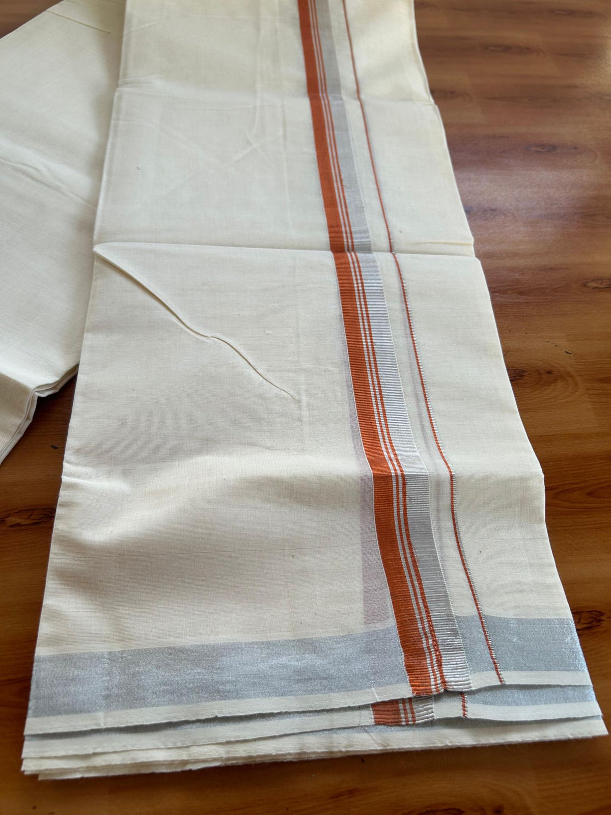 Double Off White (Unbleached) Mundu/Dhoti - 20% Discount! KaithariKada Pulimood 100% Cotton 80x72 - 1 inch Copper Kasav & Silver Kasav Striped Kara - 4 mtr (8.5 muzham) - 19 KK5553 STH