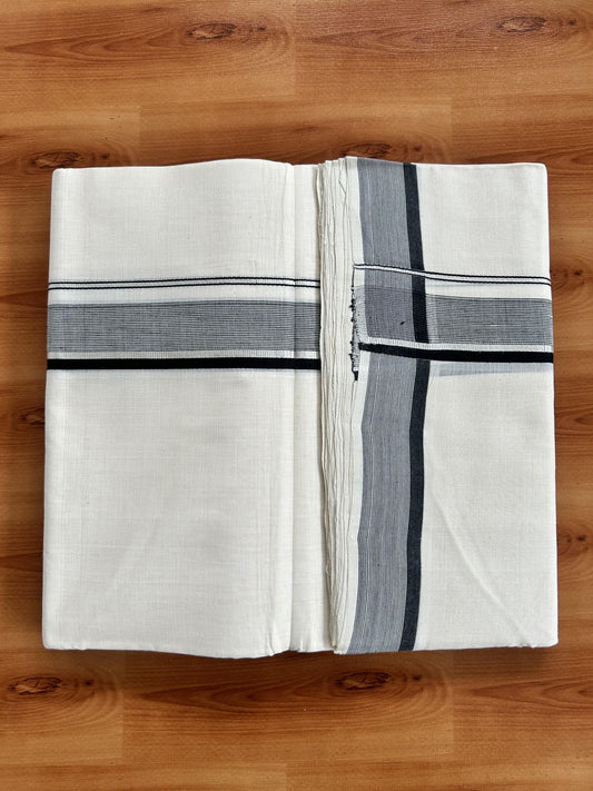 Double Off White (Unbleached) Mundu/Dhoti - 25% Discount! KaithariKada Handloom Unakkupaav Kerala Handloom - Pure Cotton - 80x90 - 1.25 Inch Silver Kasav & Black Striped Kara  4 Mtr (8.5 Muzham) - 8 KK5438 YAR