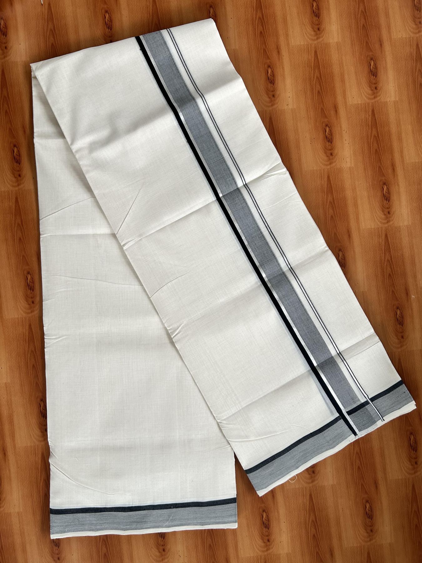 Double Off White (Unbleached) Mundu/Dhoti - 25% Discount! KaithariKada Handloom Unakkupaav Kerala Handloom - Pure Cotton - 80x90 - 1.25 Inch Silver Kasav & Black Striped Kara  4 Mtr (8.5 Muzham) - 8 KK5438 YAR