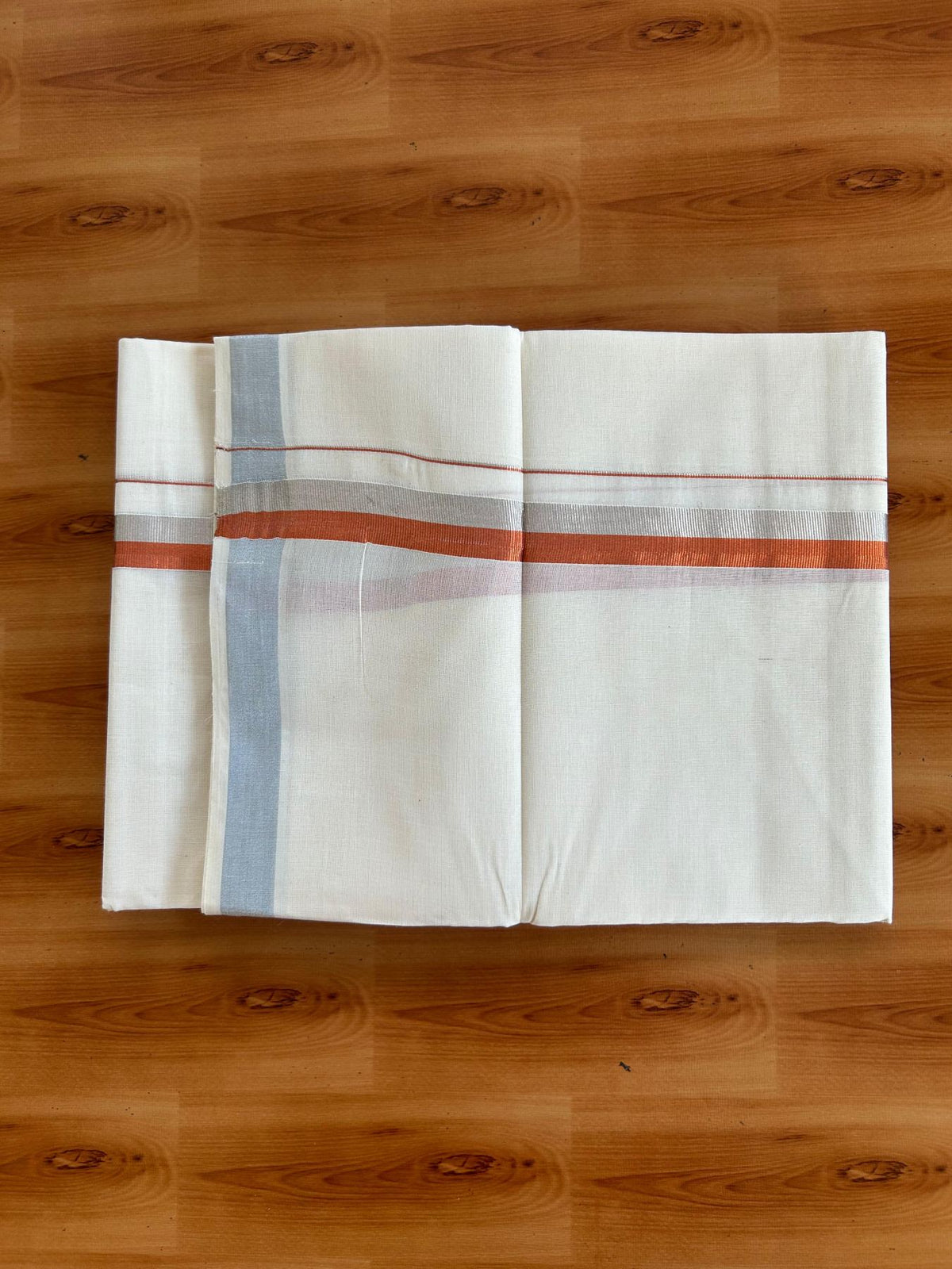Double Off White (Unbleached) Mundu/Dhoti - 20% Discount! KaithariKada Pulimood 100% Cotton 80x72 - 1 inch Copper Kasav & Silver Kasav Kara - 4 mtr (8.5 muzham) - 18 KK5553 STH