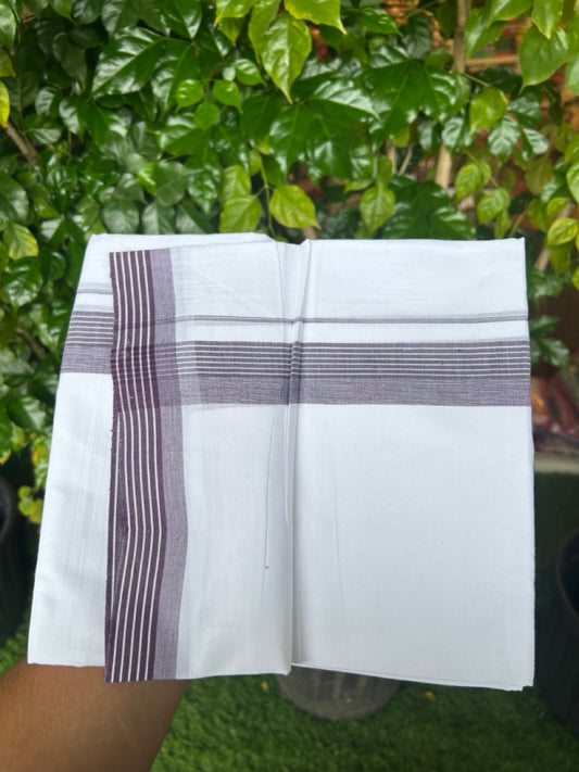 20% Discount ! Kaitharikada Balaramapuram 100% Cotton PURE WHITE Double Mundu/Dothi - 100x80 - 1.25 inch Wine Stripes Shaded Kara 3.75 mtr (8 muzham) - 52KK5220 THI