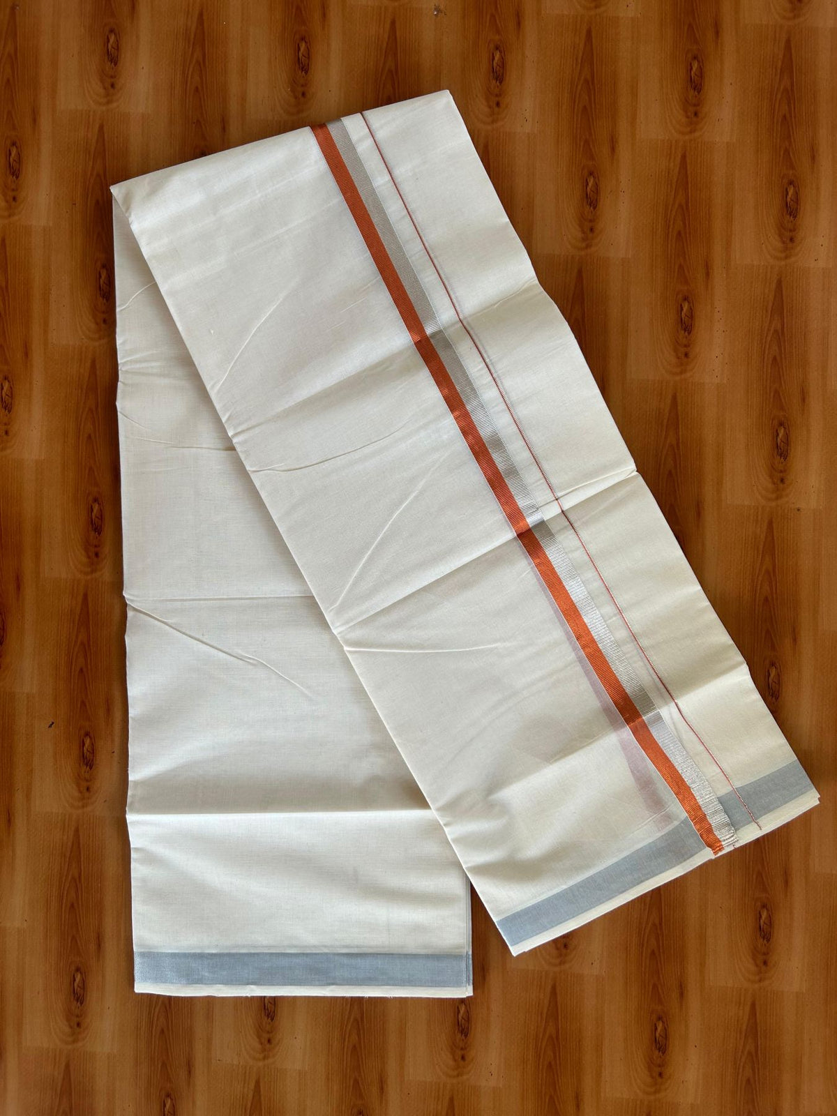 Double Off White (Unbleached) Mundu/Dhoti - 20% Discount! KaithariKada Pulimood 100% Cotton 80x72 - 1 inch Copper Kasav & Silver Kasav Kara - 4 mtr (8.5 muzham) - 18 KK5553 STH