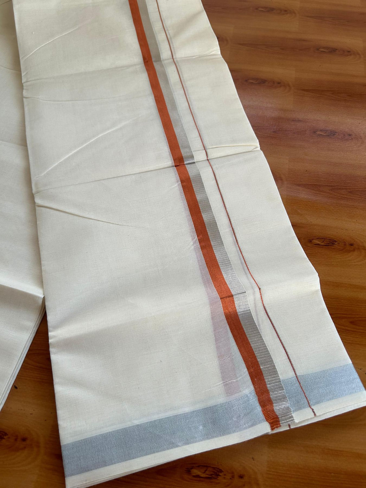 Double Off White (Unbleached) Mundu/Dhoti - 20% Discount! KaithariKada Pulimood 100% Cotton 80x72 - 1 inch Copper Kasav & Silver Kasav Kara - 4 mtr (8.5 muzham) - 18 KK5553 STH