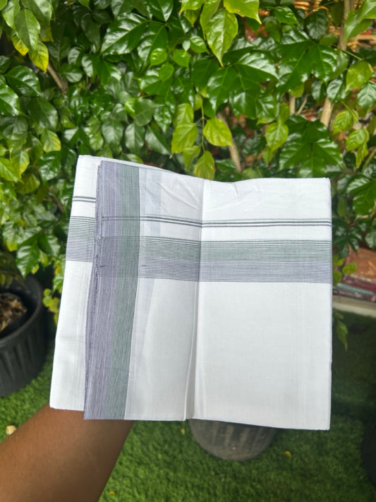20% Discount ! Kaitharikada Balaramapuram 100% Cotton PURE WHITE Double Mundu/Dothi - 100x80 - 1.75 inch Green & Purple Stripes Kara 3.90 mtr (8 muzham) - 60KK5220 THI