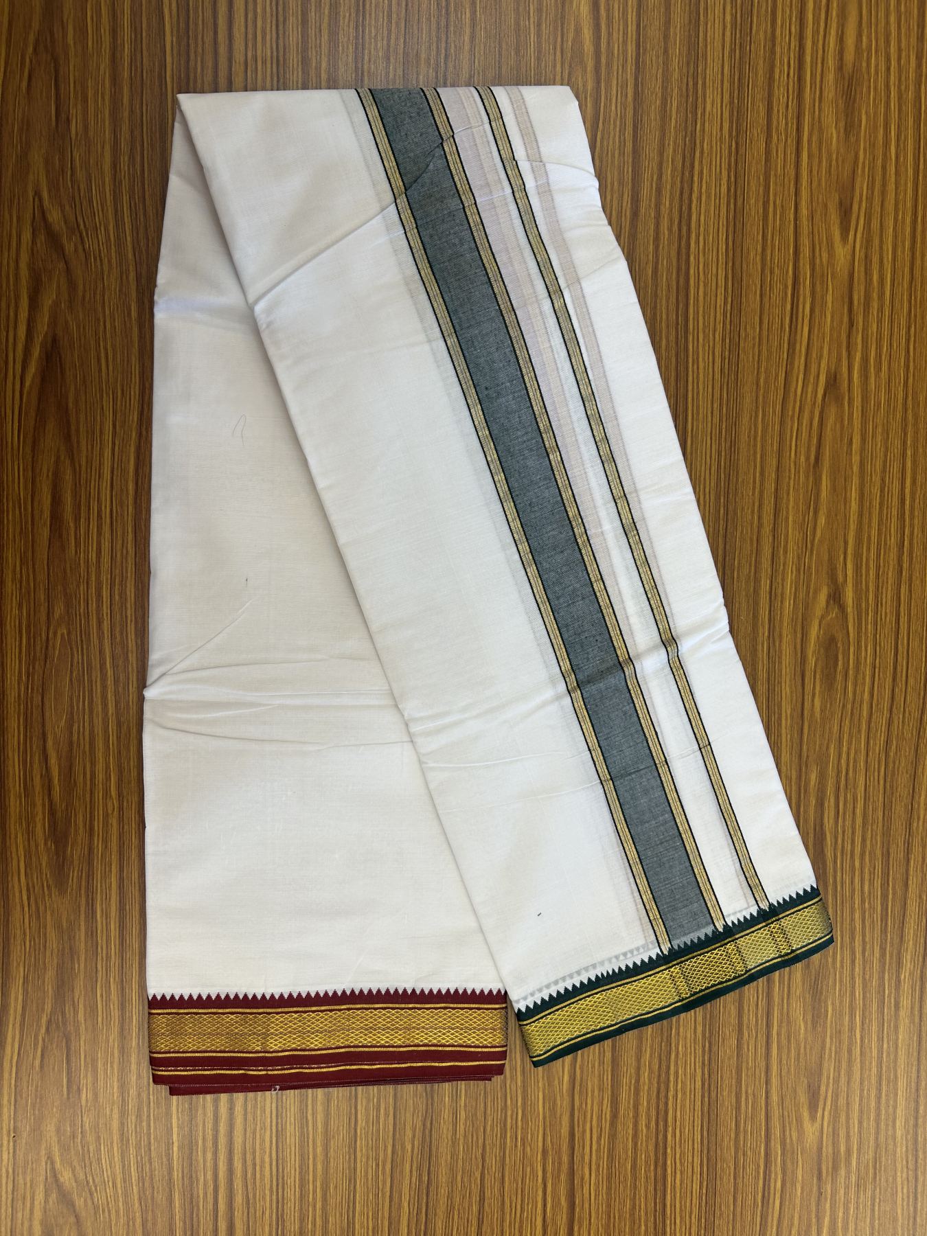 Panchakacham Dhoti - 20% Discount! KaithariKada Mixed Cotton Pure White - 80X90 thread - North Indian - Attached Gamcha - 9X5 Dhoti - 2 inch Dark Green & Maroon Gold Kasav kara - 69 KK8305 PMC