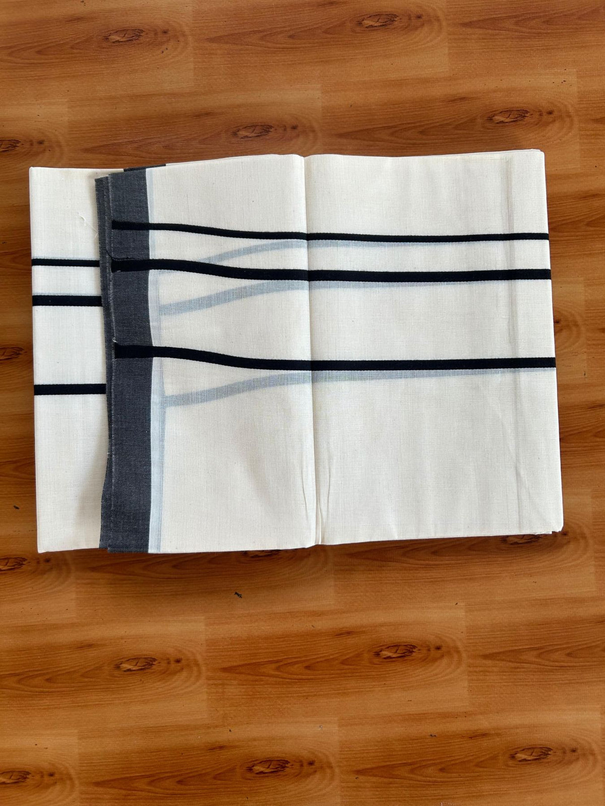 Double Off White (Unbleached) Mundu/Dhoti - 20% Discount! KaithariKada Pulimood 100% Cotton 80x72 - 2.5 inch Black Striped Kara - 4 mtr (8.5 muzham) - 47 KK5553 STH