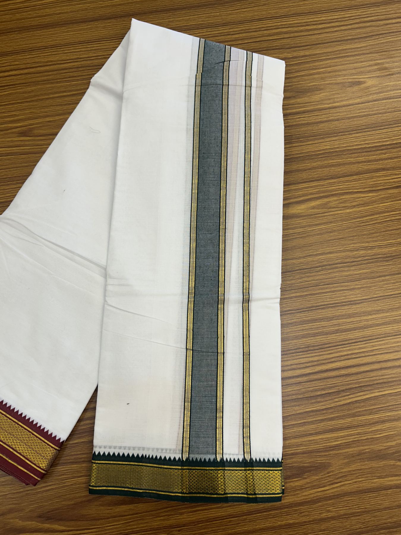 Panchakacham Dhoti - 20% Discount! KaithariKada Mixed Cotton Pure White - 80X90 thread - North Indian - Attached Gamcha - 9X5 Dhoti - 2 inch Dark Green & Maroon Gold Kasav kara - 69 KK8305 PMC