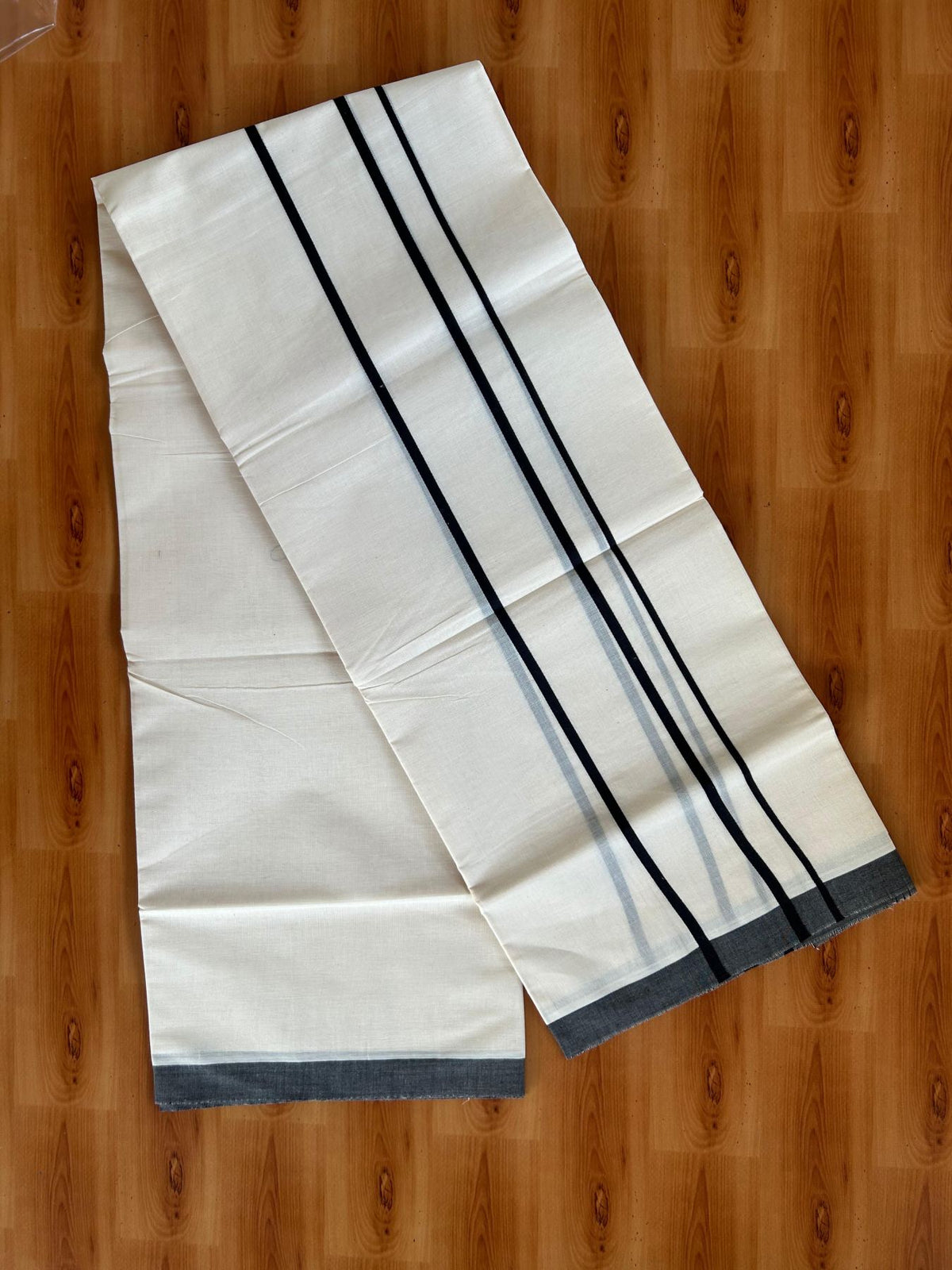 Double Off White (Unbleached) Mundu/Dhoti - 20% Discount! KaithariKada Pulimood 100% Cotton 80x72 - 2.5 inch Black Striped Kara - 4 mtr (8.5 muzham) - 47 KK5553 STH