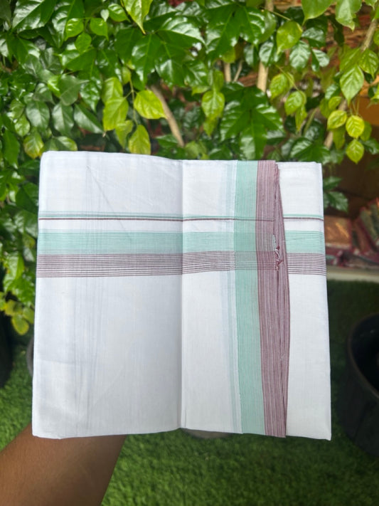 20% Discount ! Kaitharikada Balaramapuram 100% Cotton PURE WHITE Double Mundu/Dothi - 100x80 - 1.75 inch Turquoise Green & Light Maroon Stripes Kara 3.90 mtr (8 muzham) - 59KK5220 THI