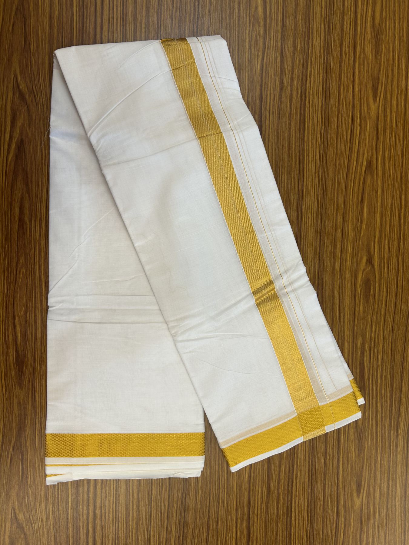 Panchakacham Dhoti - 20% Discount! Kaitharikada Balaramapuram Mixed Cotton Pure White - 80X90 thread - North Iindian  Attached Gamcha - 9X5 Dhoti - 2 inch Gold Kasav border - 65 KK8305 PMC