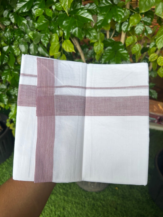 20% Discount ! Kaitharikada Balaramapuram 100% Cotton PURE WHITE Double Mundu/Dothi - 100x80 - 1.75 inch Light Maroon Stripes Kara 3.90 mtr (8 muzham) - 58KK5220 THI