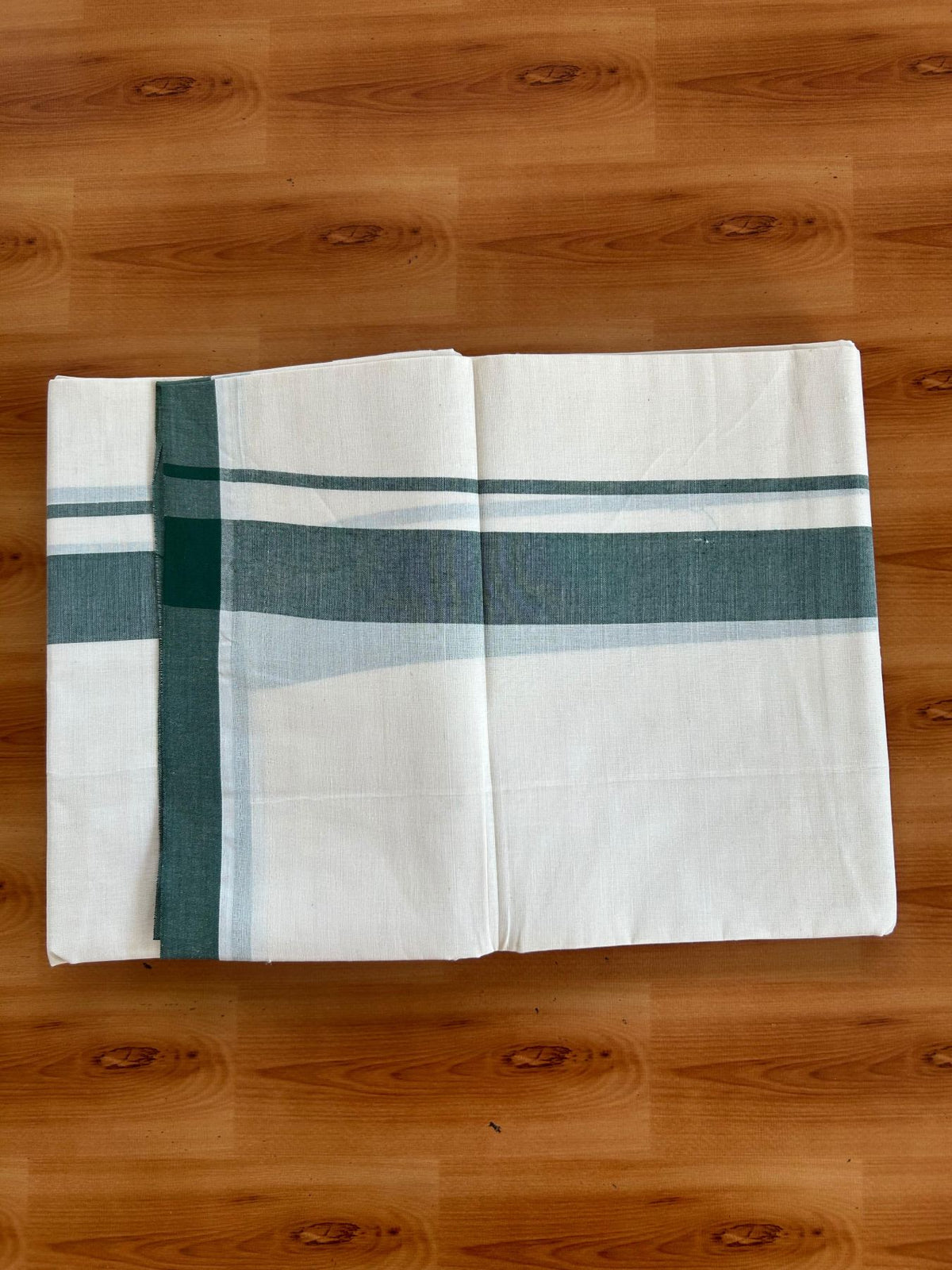 Double Off White (Unbleached) Mundu/Dhoti - 20% Discount! KaithariKada Pulimood 100% Cotton 80x72 - 1.5 inch Dark Green Shaded Kara - 4 mtr (8.5 muzham) -  11 KK5553 STH