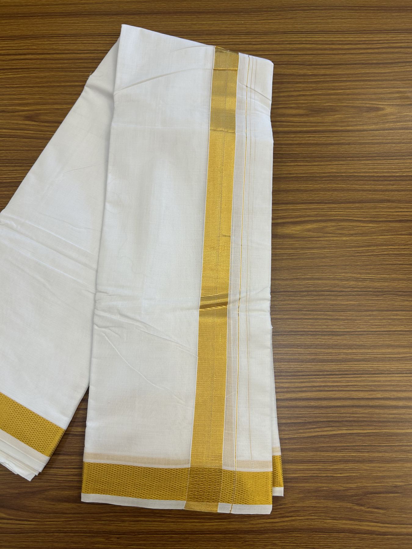 Panchakacham Dhoti - 20% Discount! Kaitharikada Balaramapuram Mixed Cotton Pure White - 80X90 thread - North Iindian  Attached Gamcha - 9X5 Dhoti - 2 inch Gold Kasav border - 65 KK8305 PMC