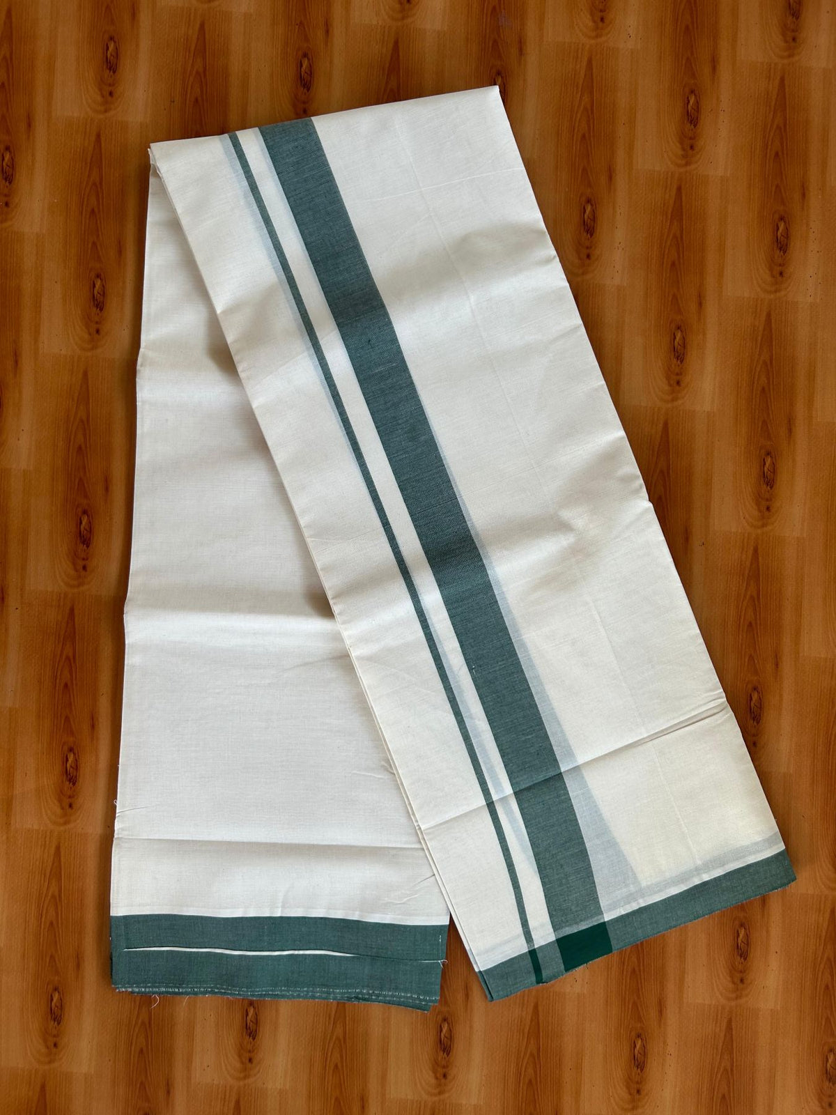 Double Off White (Unbleached) Mundu/Dhoti - 20% Discount! KaithariKada Pulimood 100% Cotton 80x72 - 1.5 inch Dark Green Shaded Kara - 4 mtr (8.5 muzham) -  11 KK5553 STH