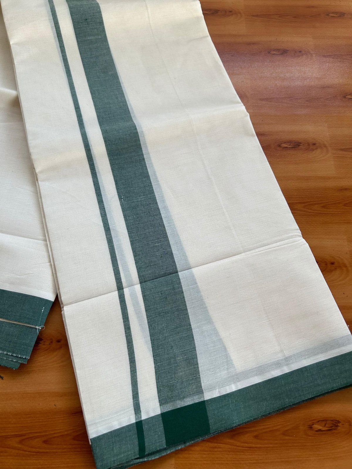 Double Off White (Unbleached) Mundu/Dhoti - 20% Discount! KaithariKada Pulimood 100% Cotton 80x72 - 1.5 inch Dark Green Shaded Kara - 4 mtr (8.5 muzham) -  11 KK5553 STH