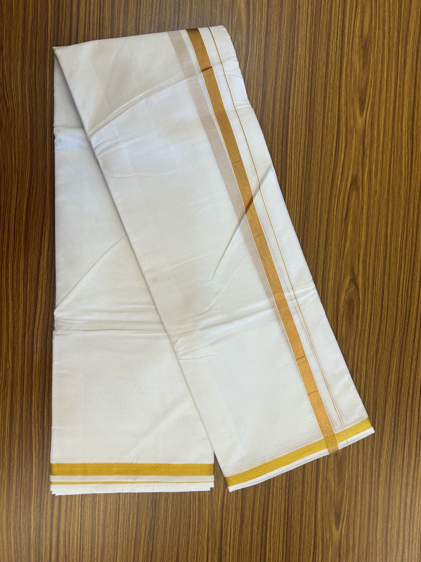 Panchakacham Dhoti - 20% Discount! Kaitharikada Balaramapuram Mixed Cotton Pure White - 80X90 thread - North Iindian  Attached Gamcha - 9X5 Dhoti - 0.75 inch Gold Kasav border - 62 KK8305 PMC