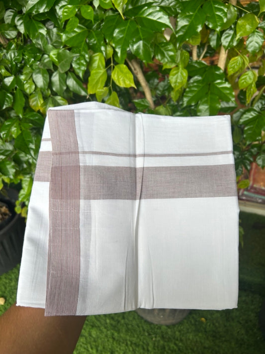 20% Discount ! Kaitharikada Balaramapuram 100% Cotton PURE WHITE Double Mundu/Dothi - 100x80 - 1.75 inch Brown Stripes Kara 3.90 mtr (8 muzham) - 54KK5220 THI