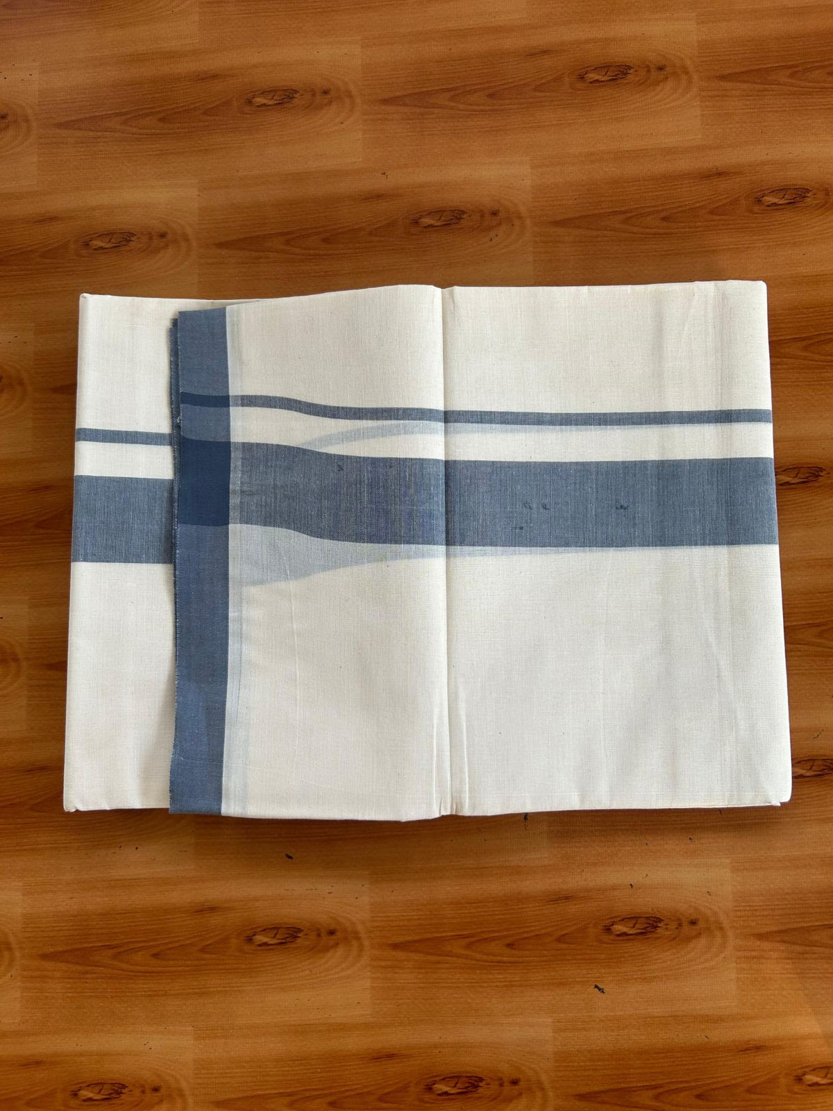 Double Off White (Unbleached) Mundu/Dhoti - 20% Discount! KaithariKada Pulimood 100% Cotton 80x72 - 1.5 inch Ash Grey Shaded Kara - 4 mtr (8.5 muzham) - 12 KK5553 STH