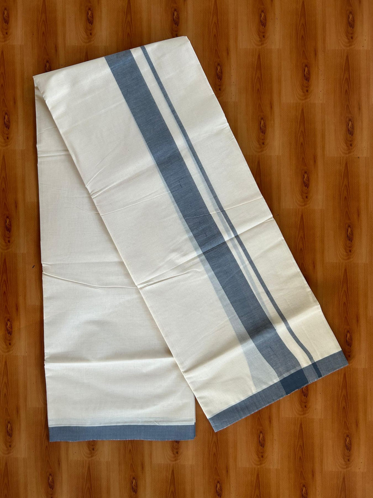 Double Off White (Unbleached) Mundu/Dhoti - 20% Discount! KaithariKada Pulimood 100% Cotton 80x72 - 1.5 inch Ash Grey Shaded Kara - 4 mtr (8.5 muzham) - 12 KK5553 STH