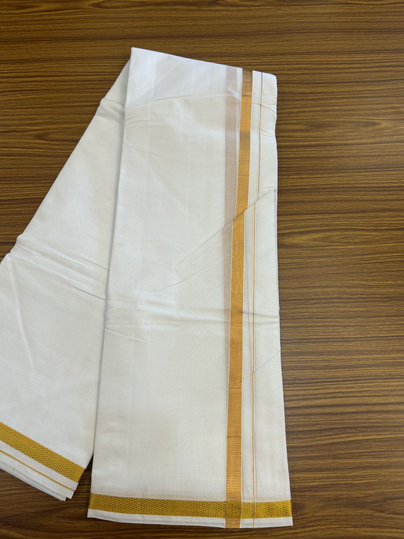 Panchakacham Dhoti - 20% Discount! Kaitharikada Balaramapuram Mixed Cotton Pure White - 80X90 thread - North Iindian  Attached Gamcha - 9X5 Dhoti - 1.25 inch Gold Kasav border - 63 KK8305 PMC