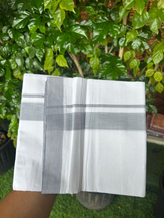 20% Discount ! Kaitharikada Balaramapuram 100% Cotton PURE WHITE Double Mundu/Dothi - 100x80 - 1.25 inch Black  Stripes Kara 3.90 mtr (8 muzham) - 56KK5220 THI