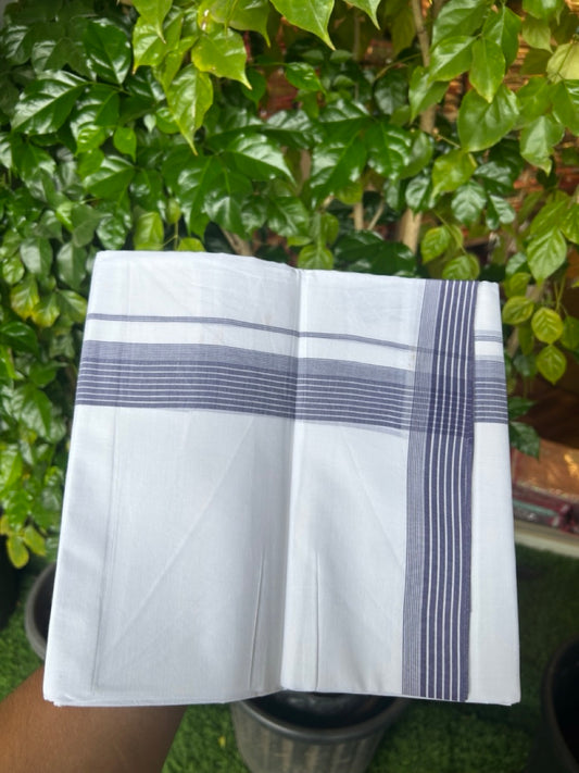 20% Discount ! Kaitharikada Balaramapuram 100% Cotton PURE WHITE Double Mundu/Dothi - 100x80 - 1.5 inch Violet Striped Kara 3.75 mtr (8 muzham) - 49KK5220 THI