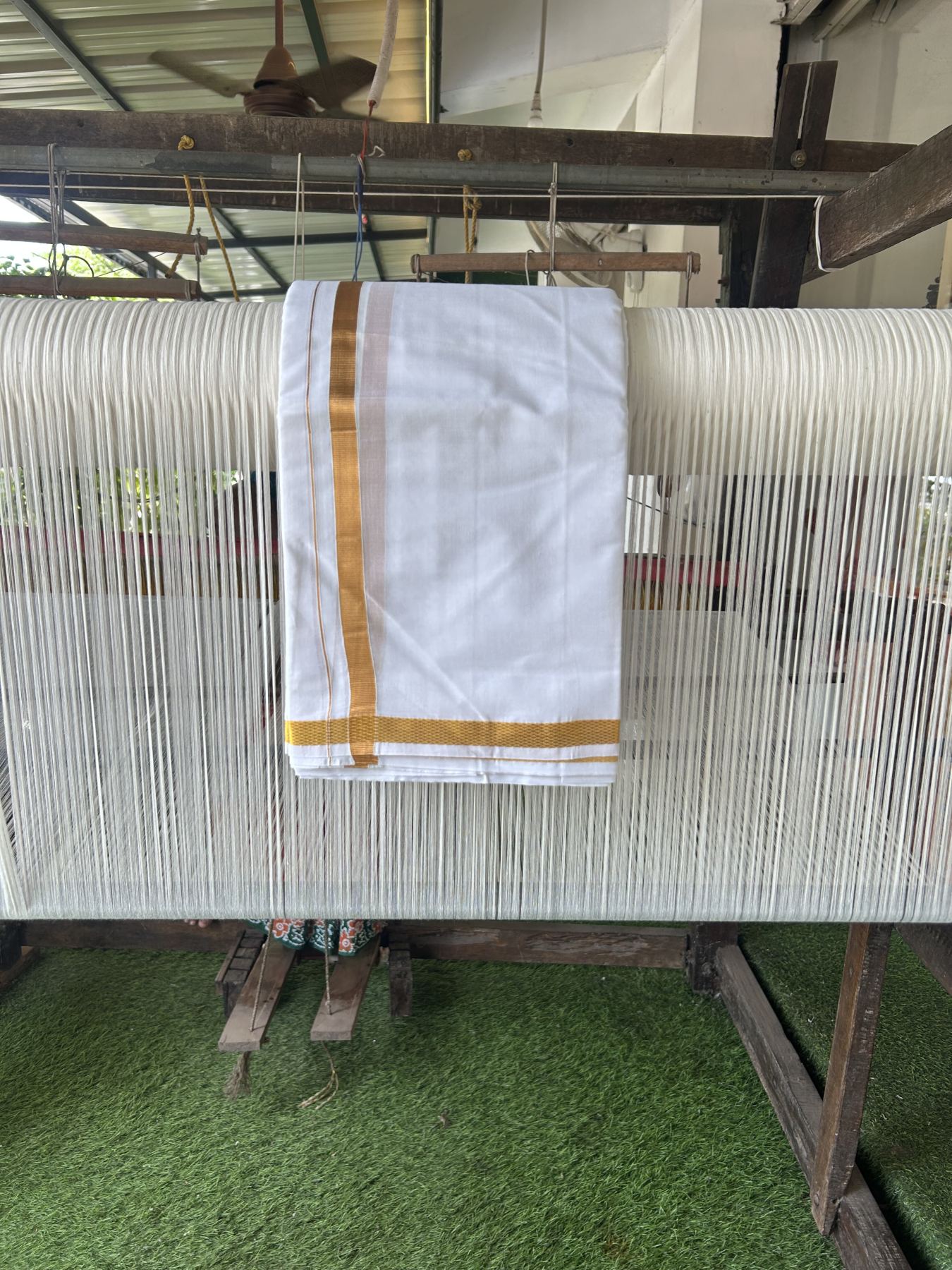 Panchakacham Dhoti - 20% Discount! Kaitharikada Balaramapuram Mixed Cotton Pure White - 80X90 thread - North Iindian  Attached Gamcha - 9X5 Dhoti - 1.25 inch Gold Kasav border - 63 KK8305 PMC