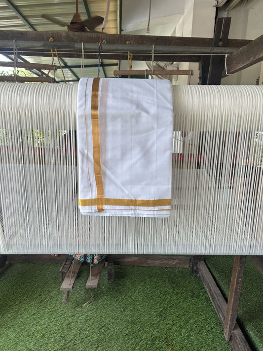 Panchakacham Dhoti - 20% Discount! Kaitharikada Balaramapuram Mixed Cotton Pure White - 80X90 thread - North Iindian  Attached Gamcha - 9X5 Dhoti - 1.25 inch Gold Kasav border - 63 KK8305 PMC