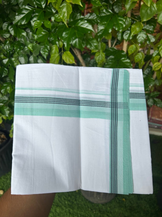 20% Discount ! Kaitharikada Balaramapuram 100% Cotton PURE WHITE Double Mundu/Dothi - 100x80 - 1.5 inch Turquoise Green & Black Striped Kara 3.75 mtr (8 muzham) - 48KK5220 THI