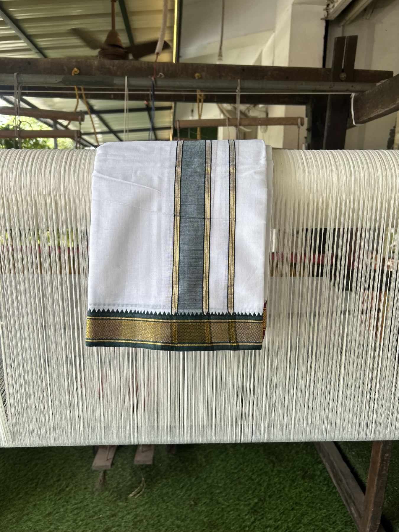 Panchakacham Dhoti - 20% Discount! KaithariKada Mixed Cotton Pure White - 80X90 thread - North Indian - Attached Gamcha - 9X5 Dhoti - 2 inch Dark Green & Maroon Gold Kasav kara - 69 KK8305 PMC