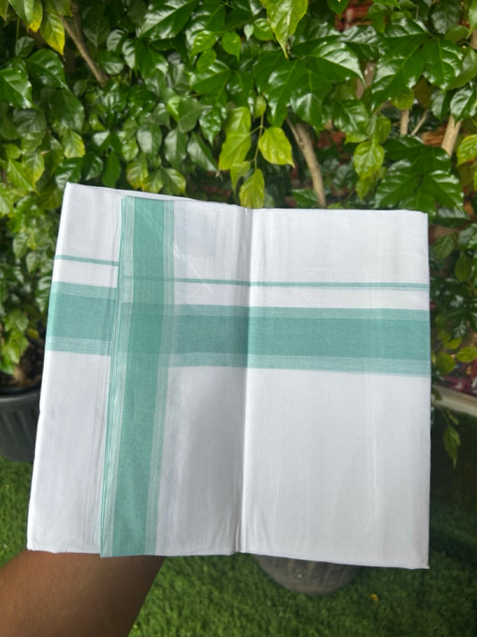 20% Discount ! Kaitharikada Balaramapuram 100% Cotton PURE WHITE Double Mundu/Dothi - 100x80 - 1.75 inch Turquoise Green Striped Kara 3.75 mtr (8 muzham) - 47KK5220 THI
