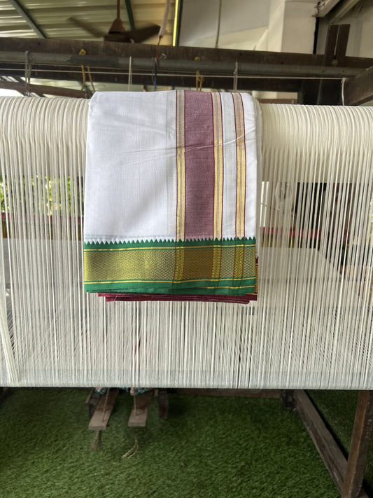 Panchakacham Dhoti - 20% Discount! KaithariKada Mixed Cotton Pure White - 80X90 thread - North Indian - Attached Gamcha - 10X6 Dhoti - 2.25 inch Forest Green & Maroon Gold Kasav kara - 66 KK8305 PMC