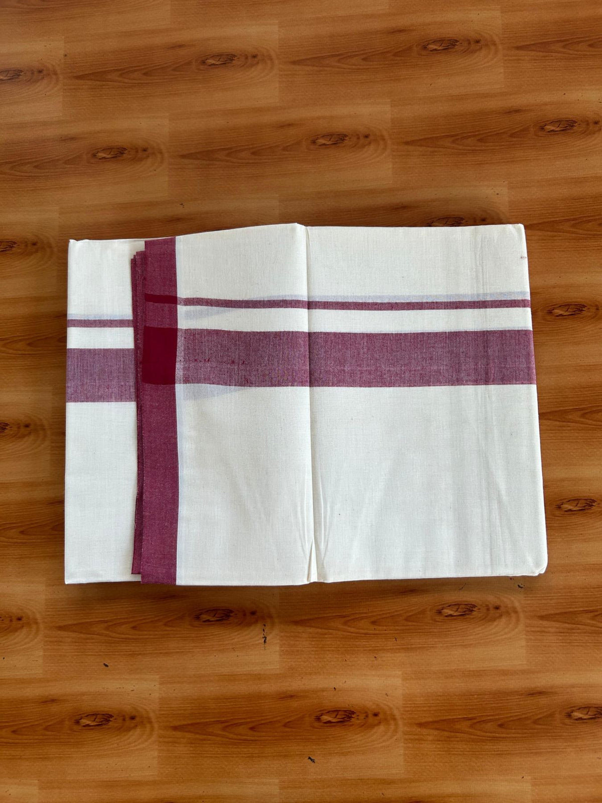 Double Off White (Unbleached) Mundu/Dhoti - 20% Discount! KaithariKada Pulimood 100% Cotton 80x72 - 1.5 inch Maroon Red Shaded Kara - 4 mtr (8.5 muzham) - 14 KK5553 STH