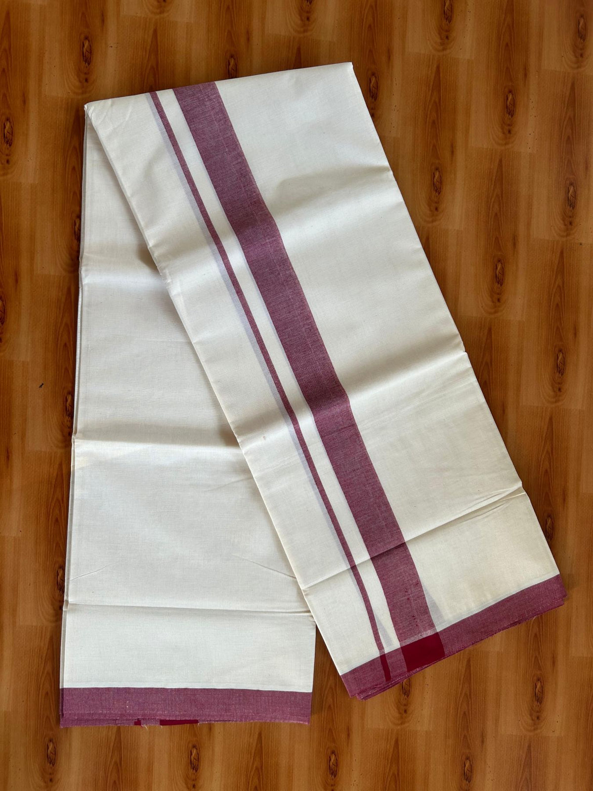 Double Off White (Unbleached) Mundu/Dhoti - 20% Discount! KaithariKada Pulimood 100% Cotton 80x72 - 1.5 inch Maroon Red Shaded Kara - 4 mtr (8.5 muzham) - 14 KK5553 STH