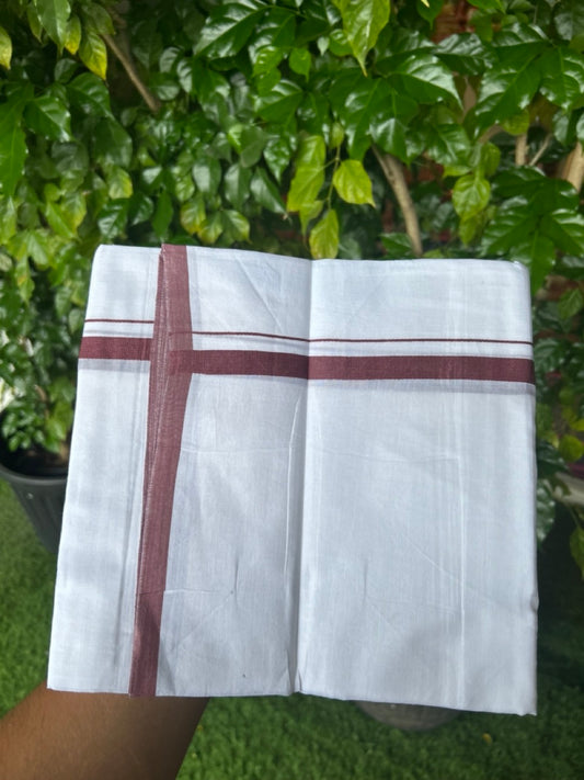 20% Discount ! Kaitharikada Balaramapuram 100% Cotton PURE WHITE Double Mundu/Dothi - 100x80 - 0.5 inch Wine Kara 3.70 mtr (8 muzham) - 75KK5220 THI