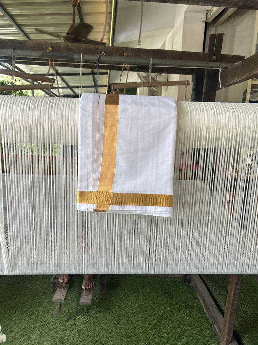 Panchakacham Dhoti - 20% Discount! Kaitharikada Balaramapuram Mixed Cotton Pure White - 80X90 thread - North Iindian  Attached Gamcha - 9X5 Dhoti - 1.5 inch Gold Kasav border - 64 KK8305 PMC