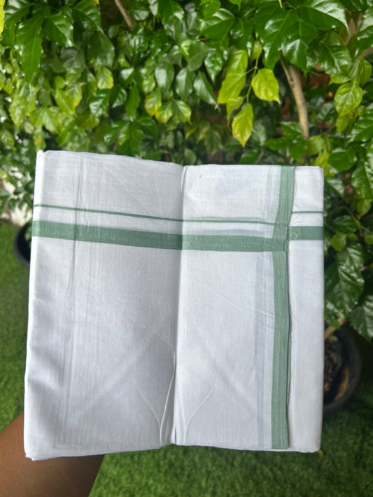 20% Discount ! Kaitharikada Balaramapuram 100% Cotton PURE WHITE Double Mundu/Dothi - 100x80 - 0.5 inch Mint Green 3.70 mtr (8 muzham) - 78KK5220 THI
