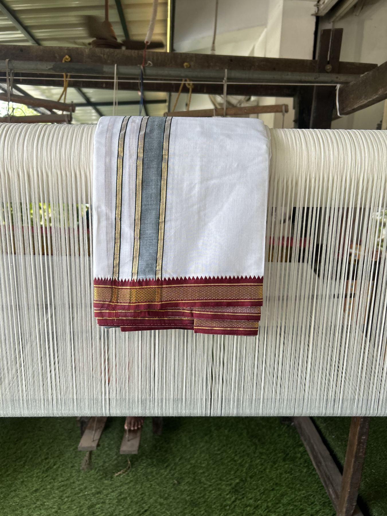 Panchakacham Dhoti - 20% Discount! KaithariKada Mixed Cotton Pure White - 80X90 thread - North Indian - Attached Gamcha - 9X5 Dhoti - 1.75 inch Dark Green & Maroon Gold Kasav kara - 68 KK8305 PMC