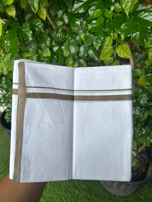 20% Discount ! Kaitharikada Balaramapuram 100% Cotton PURE WHITE Double Mundu/Dothi - 100x80 - 0.5 inch Army Green Kara 3.70 mtr (8 muzham) - 71KK5220 THI