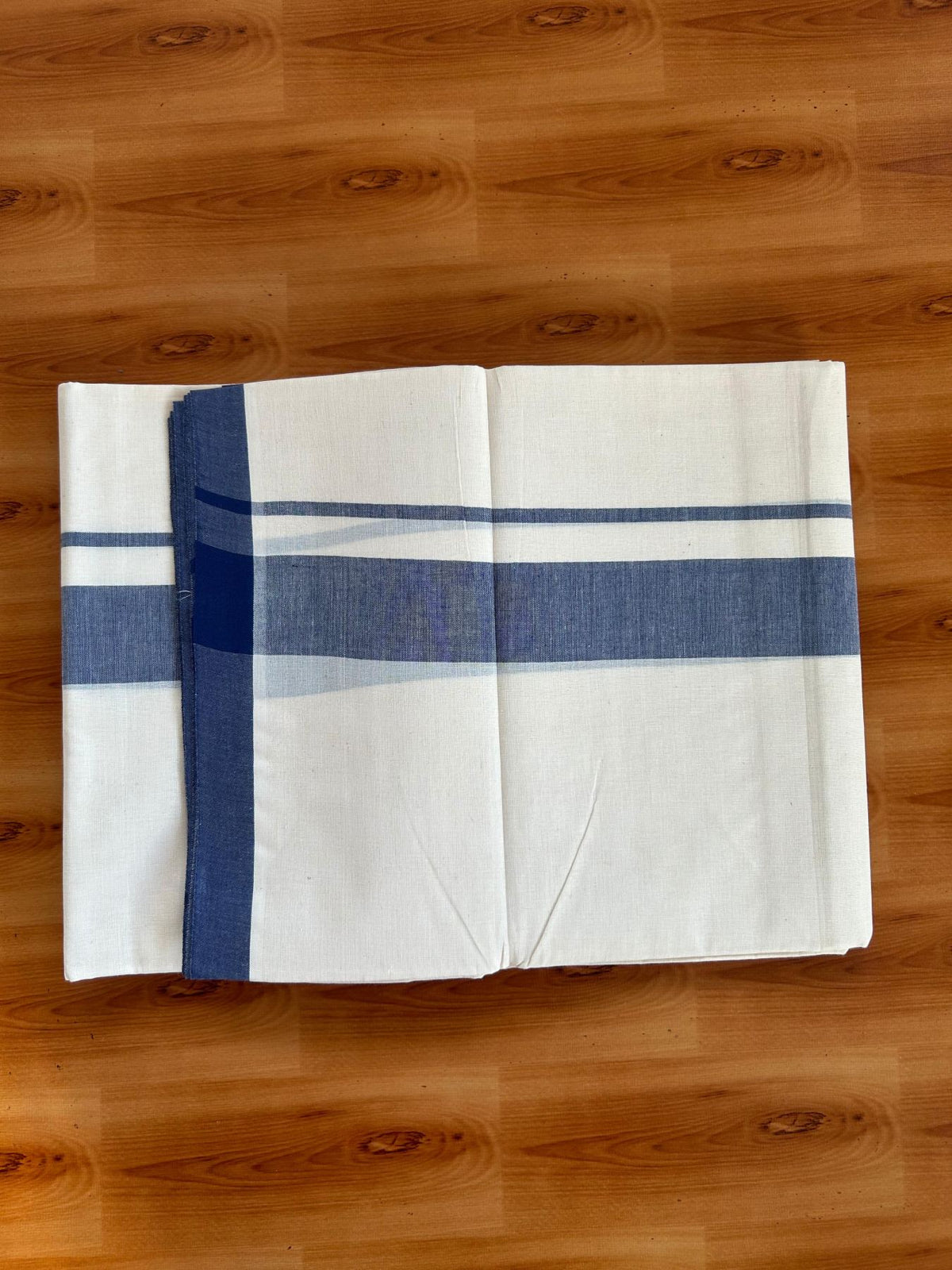 Double Off White (Unbleached) Mundu/Dhoti - 20% Discount! KaithariKada Pulimood 100% Cotton 80x72 - 1.5 inch Dark Blue Shaded Kara - 4 mtr (8.5 muzham) - 15 KK5553 STH