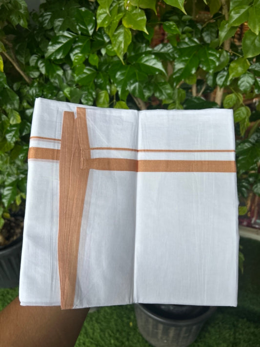 20% Discount ! Kaitharikada Balaramapuram 100% Cotton PURE WHITE Double Mundu/Dothi - 100x80 - 0.5 inch Peach Brown Kara 3.70 mtr (8 muzham) - 72KK5220 THI