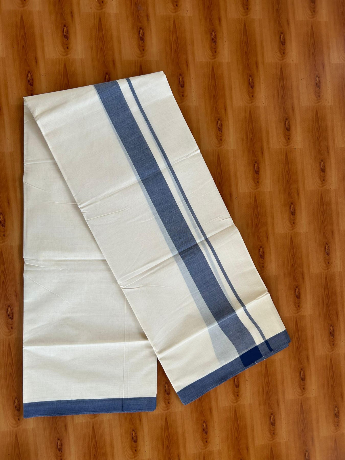 Double Off White (Unbleached) Mundu/Dhoti - 20% Discount! KaithariKada Pulimood 100% Cotton 80x72 - 1.5 inch Dark Blue Shaded Kara - 4 mtr (8.5 muzham) - 15 KK5553 STH