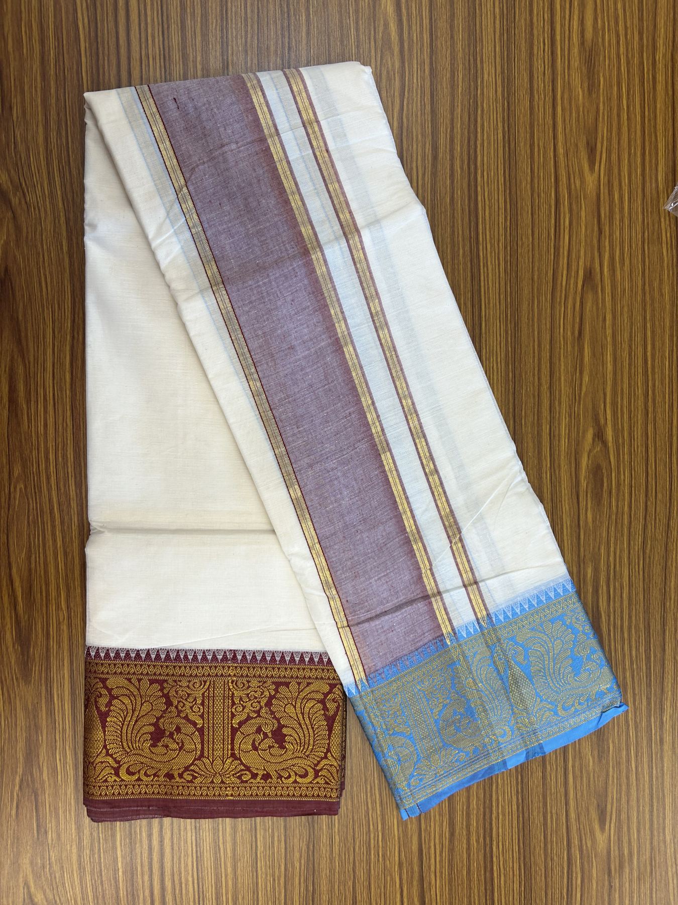 Panchakacham Dhoti - 20% Discount! Kaitharikada Balaramapuram Cotton Mix - Off White - (Unbleached) 80X90 thread - North Iindian- Attached Gamcha - 9x5 Dhoti - 4 inch Gold Kasav Maroon shaded kara - 31 KK8305 PMC