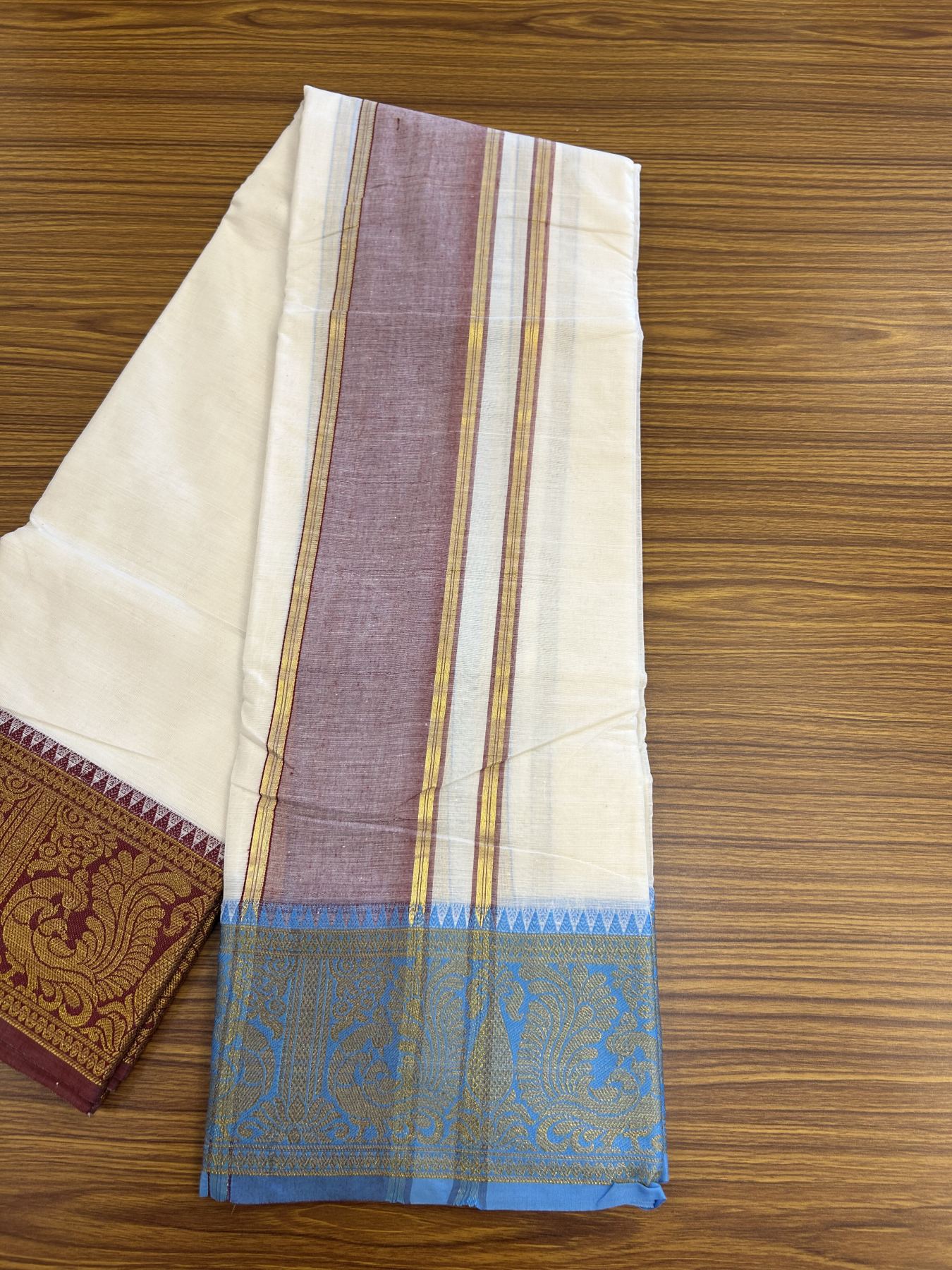 Panchakacham Dhoti - 20% Discount! Kaitharikada Balaramapuram Cotton Mix - Off White - (Unbleached) 80X90 thread - North Iindian- Attached Gamcha - 9x5 Dhoti - 4 inch Gold Kasav Maroon shaded kara - 31 KK8305 PMC