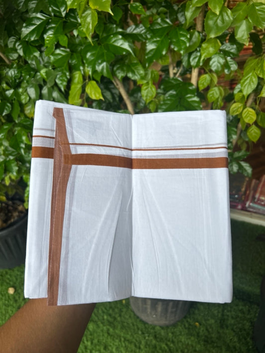 20% Discount ! Kaitharikada Balaramapuram 100% Cotton PURE WHITE Double Mundu/Dothi - 100x80 - 0.5 inch Dark Brown Kara 3.70 mtr (8 muzham) - 70KK5220 THI