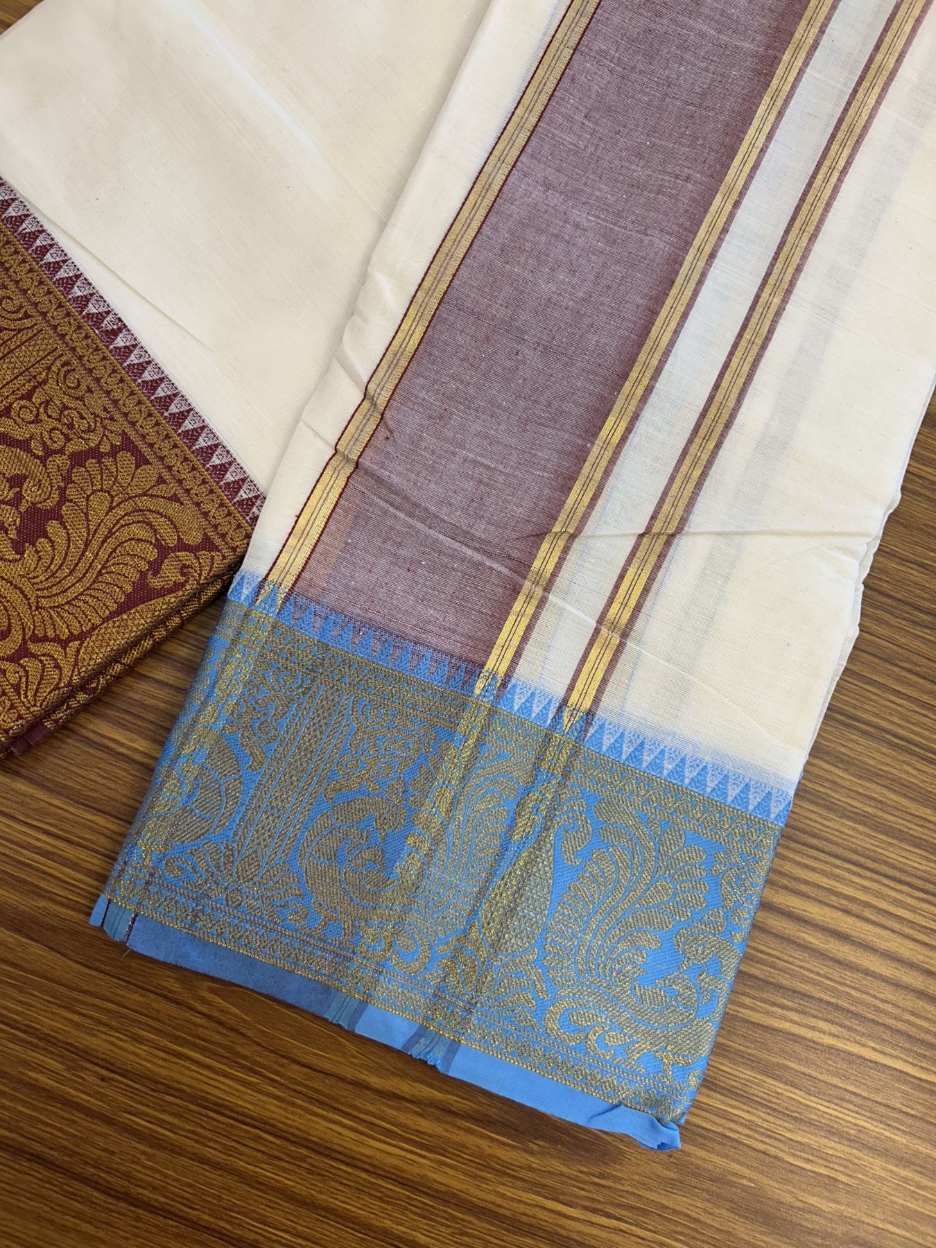 Panchakacham Dhoti - 20% Discount! Kaitharikada Balaramapuram Cotton Mix - Off White - (Unbleached) 80X90 thread - North Iindian- Attached Gamcha - 9x5 Dhoti - 4 inch Gold Kasav Maroon shaded kara - 31 KK8305 PMC