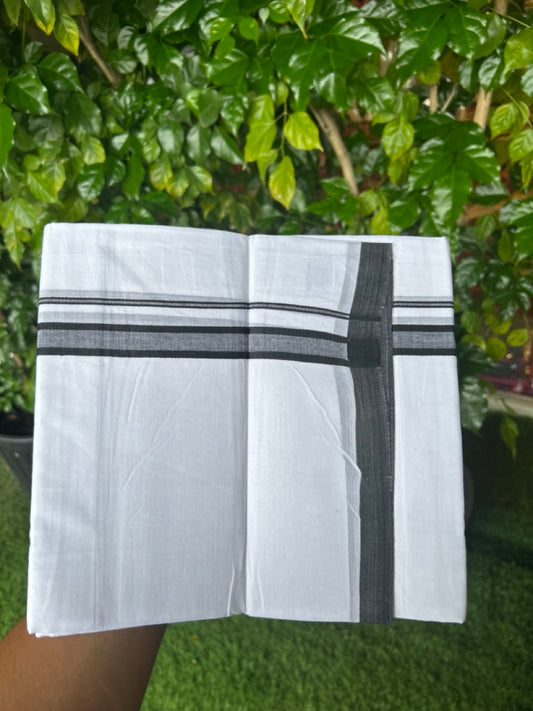 20% Discount ! Kaitharikada Balaramapuram 100% Cotton PURE WHITE Double Mundu/Dothi - 100x80 - 0.75 inch  Black Shaded Kara 3.70 mtr (8 muzham) - 62KK5220 THI