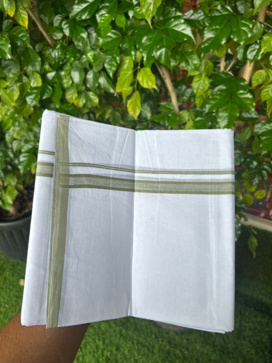20% Discount ! Kaitharikada Balaramapuram 100% Cotton PURE WHITE Double Mundu/Dothi - 100x80 - 0.75 inch Pista Green Shaded Kara 3.70 mtr (8 muzham) - 65KK5220 THI