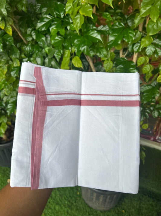 20% Discount ! Kaitharikada Balaramapuram 100% Cotton PURE WHITE Double Mundu/Dothi - 100x80 - 0.5 inch Dusty Pink Kara 3.70 mtr (8 muzham) - 74KK5220 THI